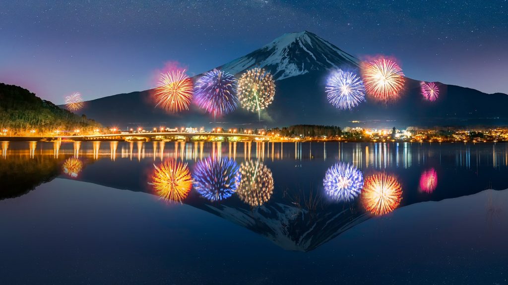 Firework at Lake Kawaguchiko with Mt. Fuji in background, Yamanashi prefecture, Japan