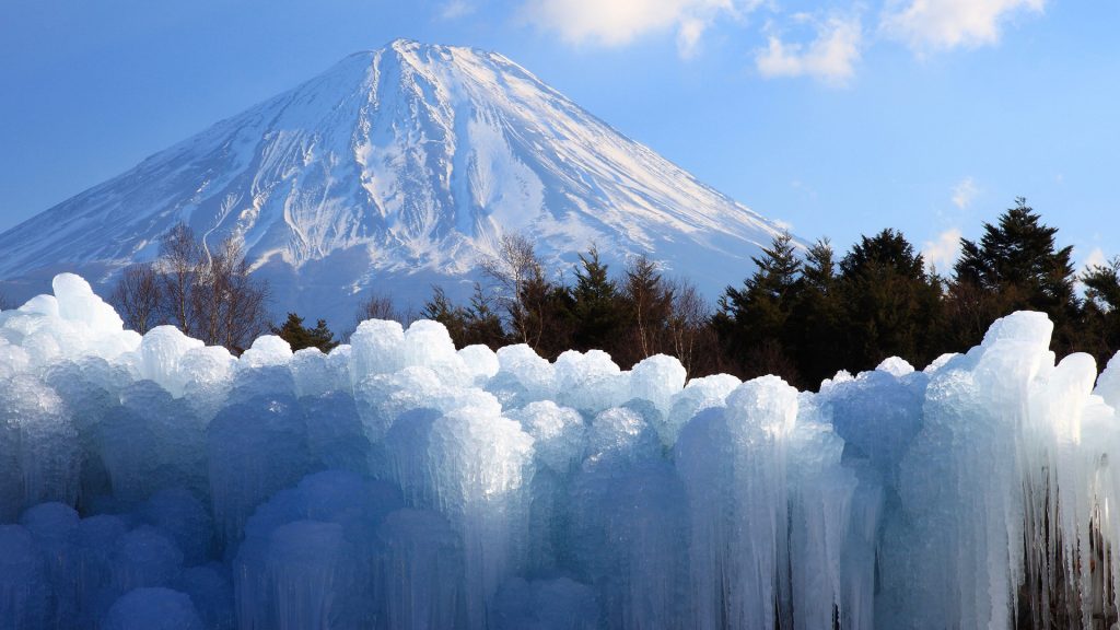 View of mount Fuji and icicles at Yachonomori Park, Yamanashi Prefecture, Japan