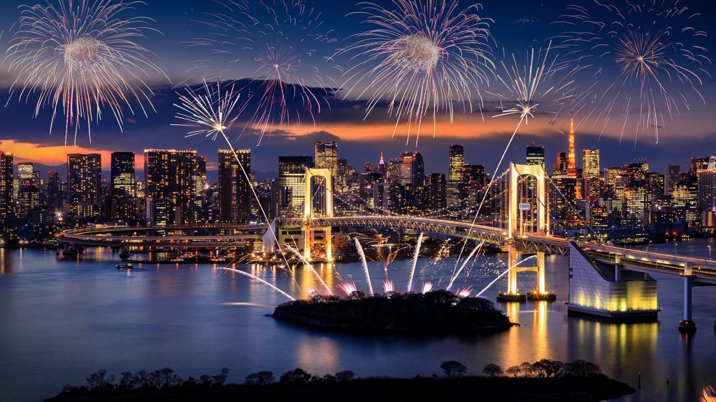 A beautiful fireworks display lights up the Tokyo skyline, Japan