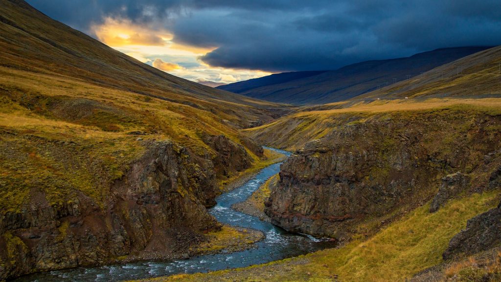 Storm clouds over River Canyon in autumn, Tröllaskagi, Iceland