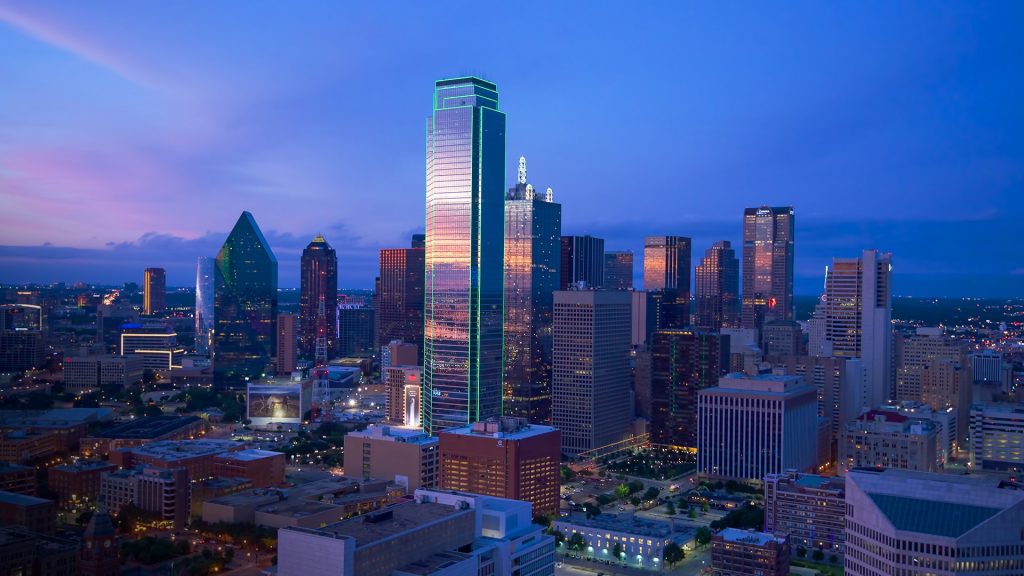 Overview of downtown Dallas from Reunion Tower, skyline at sunset, Texas, USA