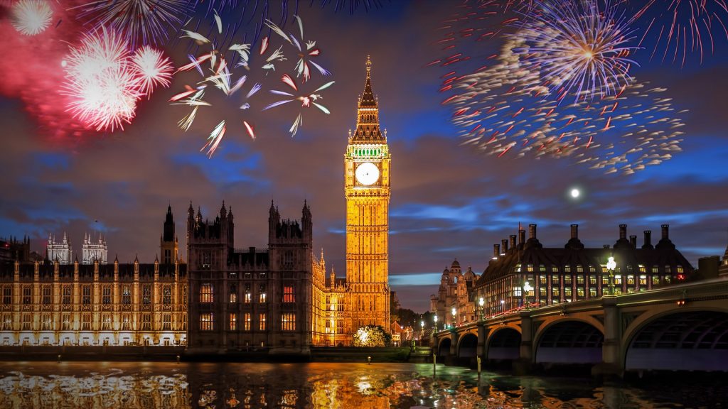 Big Ben with firework in London during celebration of the New Year, England, UK