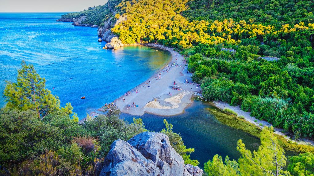 Beach at mediterranean coast from high angle in Olympos, Antalya, Turkey