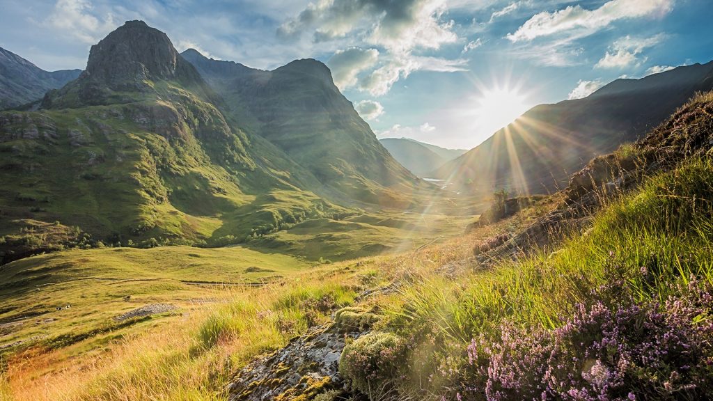 Valley view below the mountains of Glencoe, Lochaber, Highlands, Scotland, UK