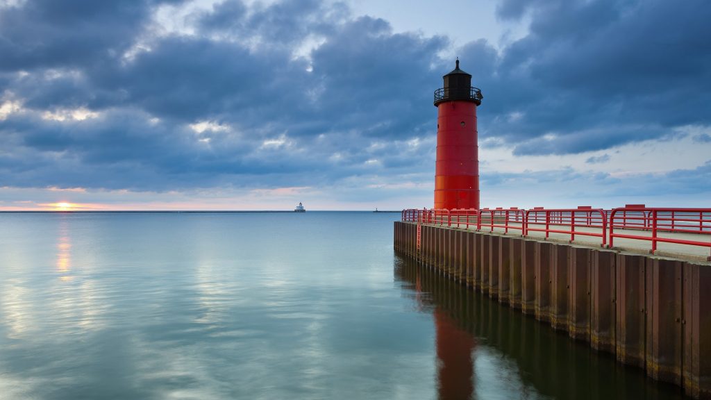 Milwaukee Pierhead Lighthouse at sunrise, Wisconsin, USA