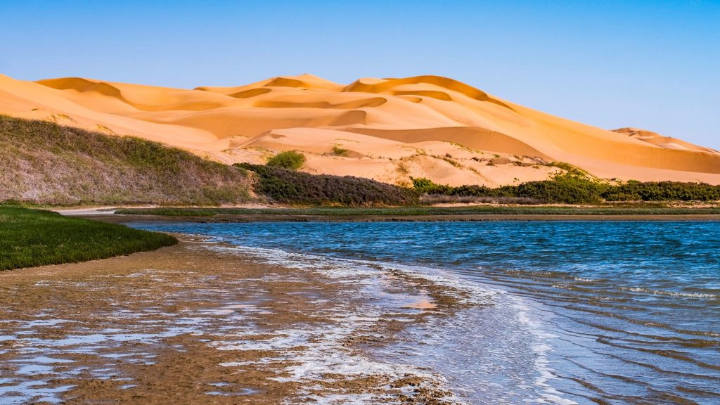 Lagoon and sand dunes at Sandwich Harbour, Namib-Naukluft National Park, Namibia