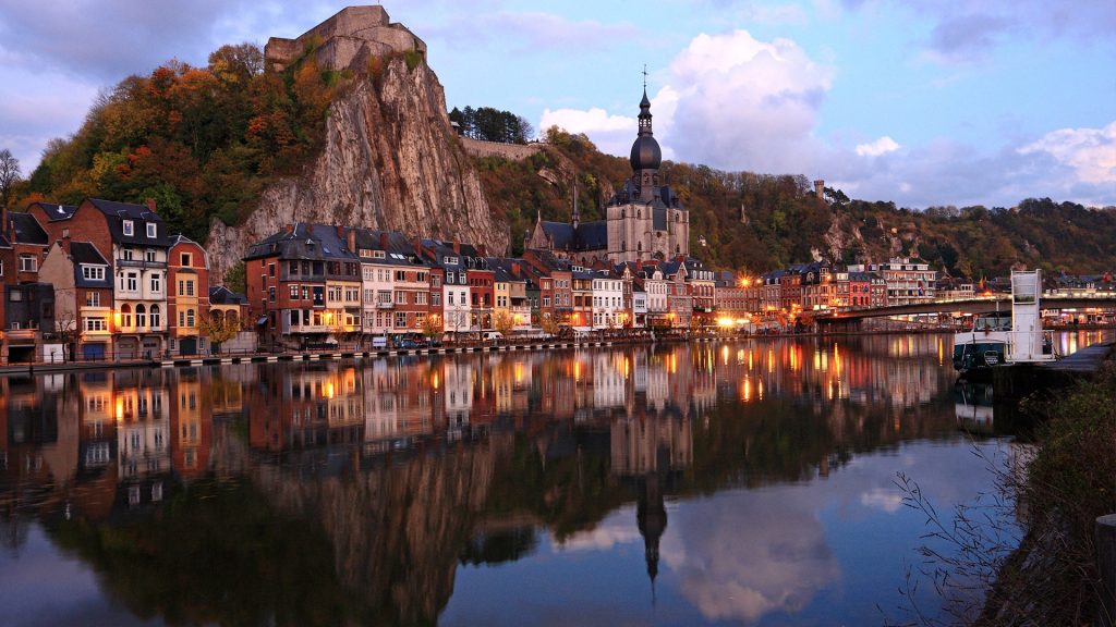Town centre of Dinant with Cathedral Notre Dame and Citadel, Namur, Wallonia, Belgium