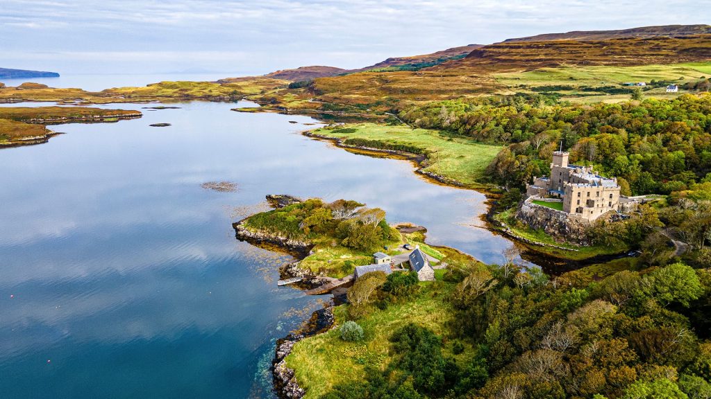 Aerial view of Dunvegan Castle, Isle of Skye, Inner Hebrides, Scotland, UK