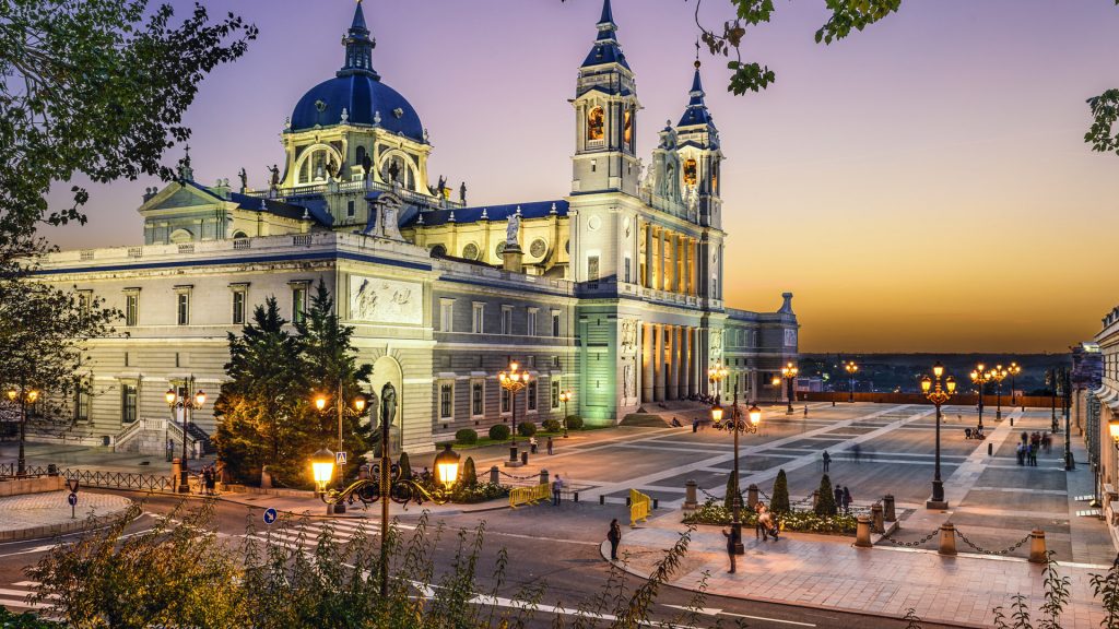 La Almudena Cathedral and the Royal Palace in the evening, Madrid, Spain