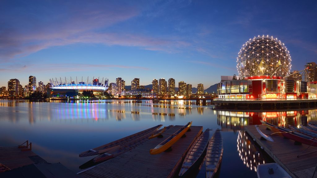 Vancouver Science World and BC Stadium at night, British Columbia, Canada