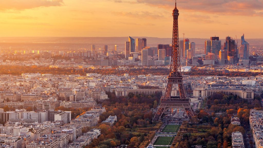 The sunset view of Paris with the Eiffel tower from Montparnasse in autumn, France