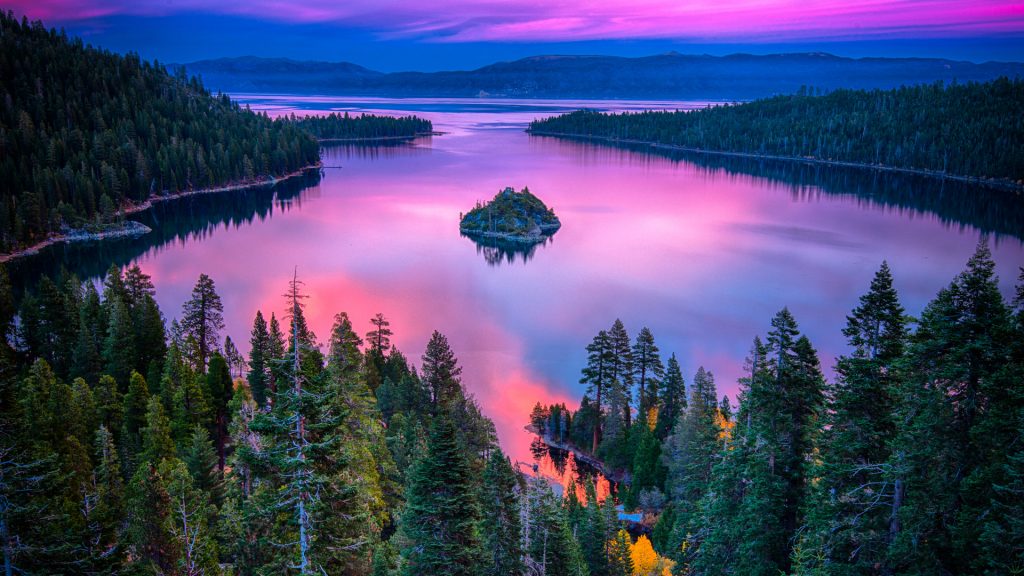 High angle view of a lake at sunset, Lake Tahoe, Sierra Nevada, California, USA