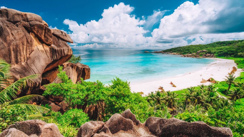 Panorama view of tropical beach Grande Anse on La Digue Island, Seychelles