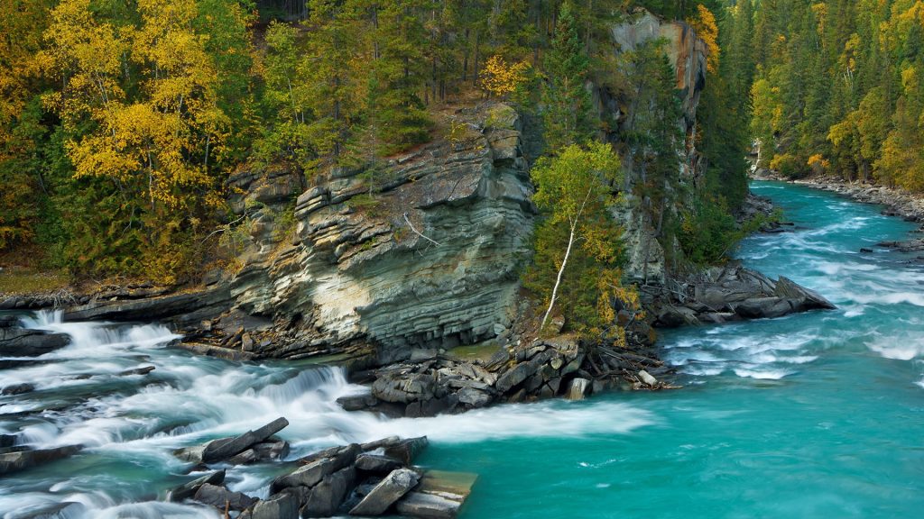 The Fraser River cascades over RearGuard Falls near Mount Robson, British Columbia, Canada