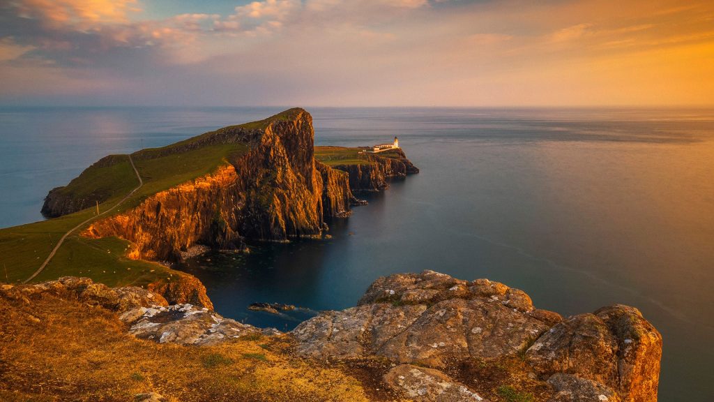 Neist Point lighthouse at sunset, Isle of Skye, Inner Hebrides, Scotland, UK