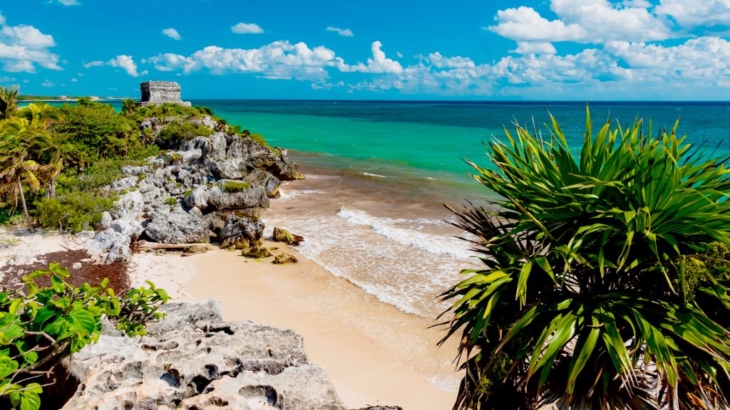 Tulum beach in Mexico surrounded by Mayan temples