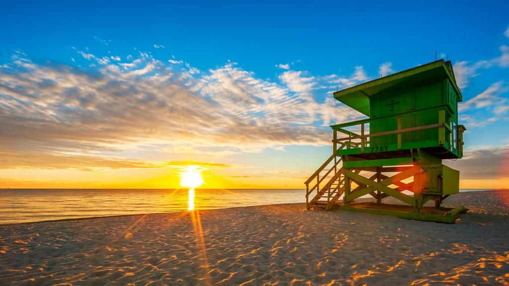 Famous Miami South Beach sunrise with lifeguard tower, Florida, USA