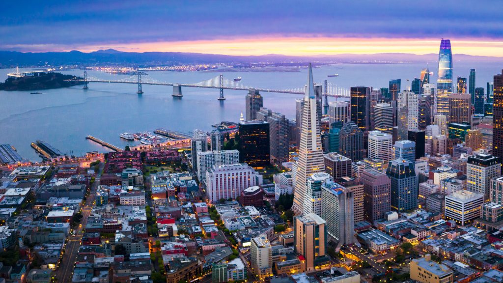 Aerial view of San Francisco skyline at sunrise, California, USA