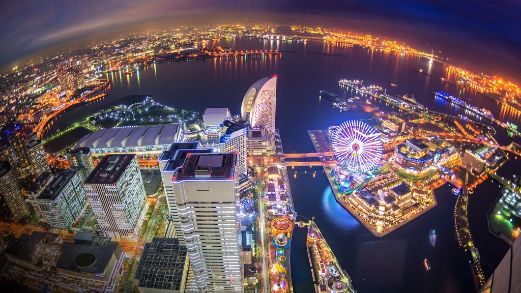 Aerial night view of Yokohama cityscape and bay at Minato Mirai waterfront district, Japan