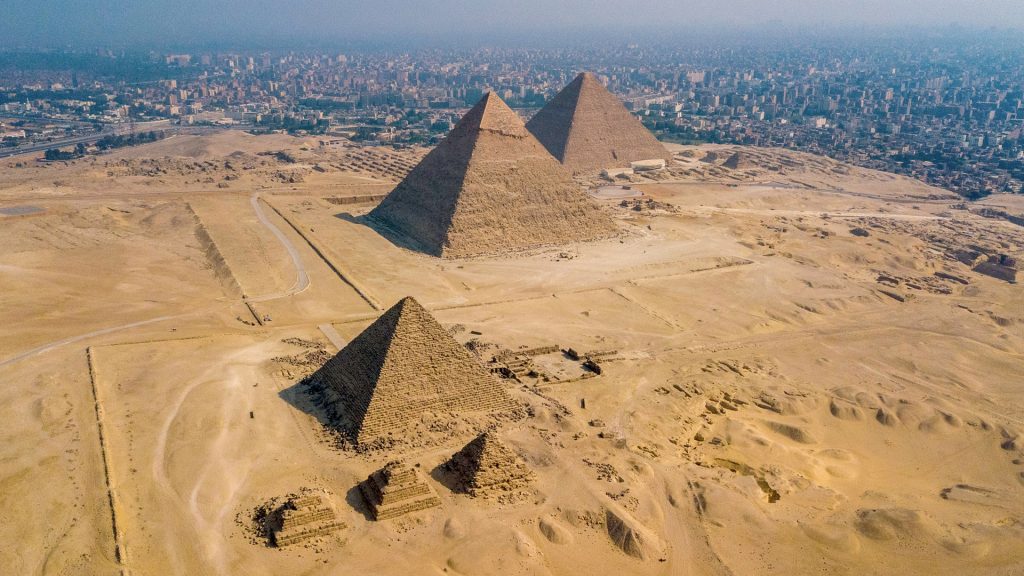 Historical Giza pyramids shot by drone, Cairo, Egypt