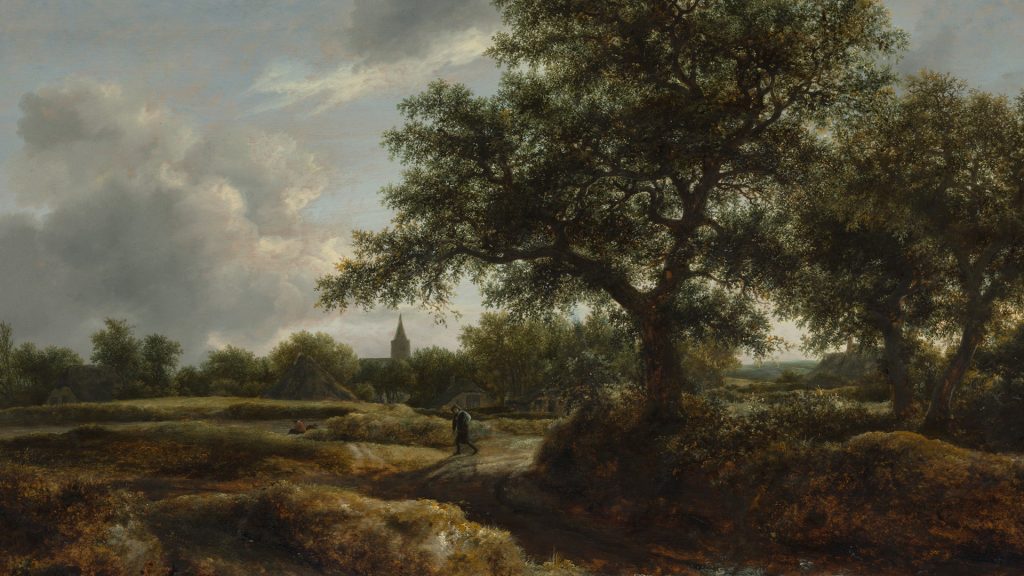 Landscape with a village in the distance, painting by Jacob van Ruisdael