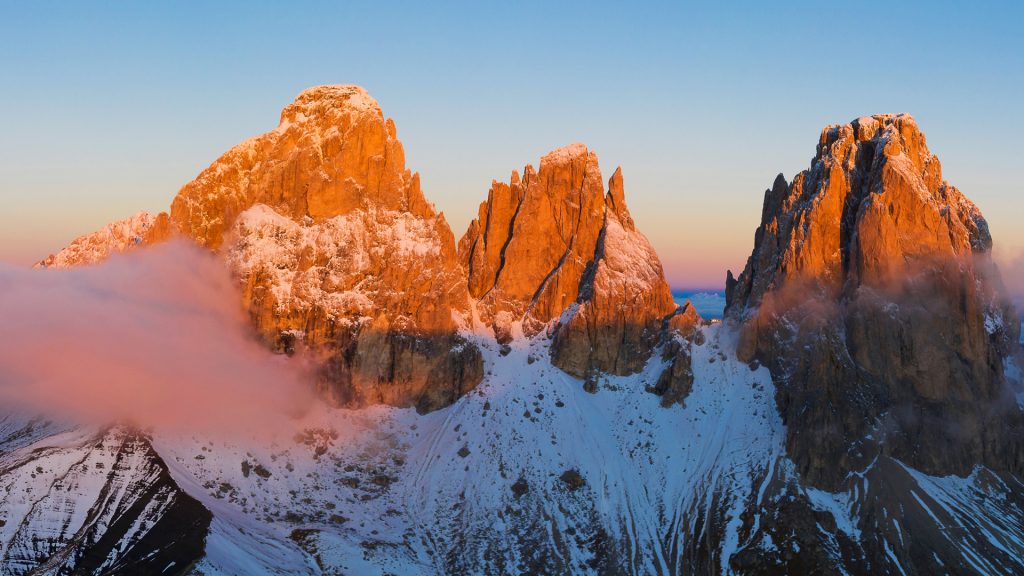 Dolomites peaks panoramic aerial view, rocky landscape, Italy