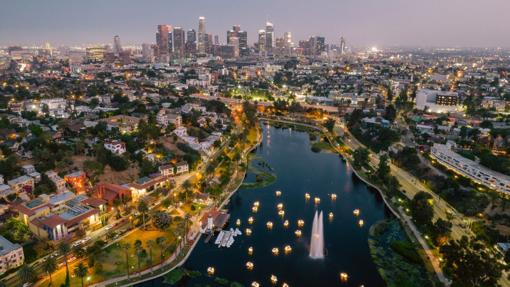 Aerial view over Echo Park Lake and Los Angeles skyline, California, USA
