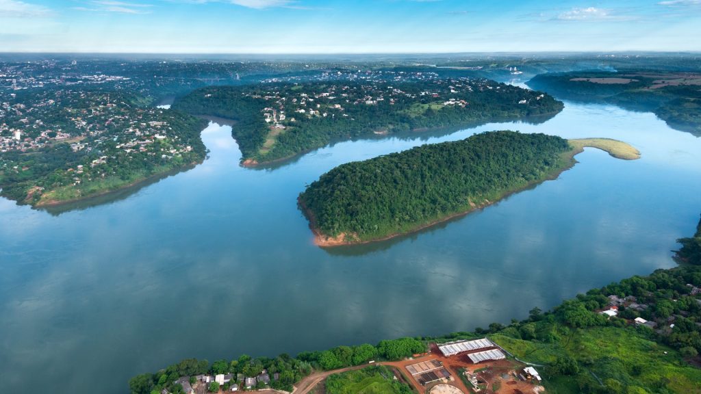 Aerial view of Parana River on the border of Paraguay and Brazil