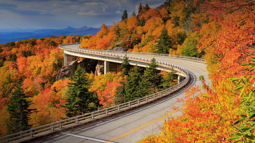 Autumn foliage along the Linn Cove Viaduct, Blue Ridge Parkway, North Carolina, USA