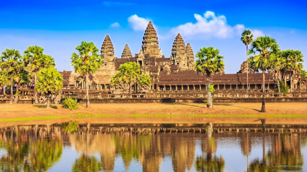 Angkor Wat temple view from across the lake, Cambodia