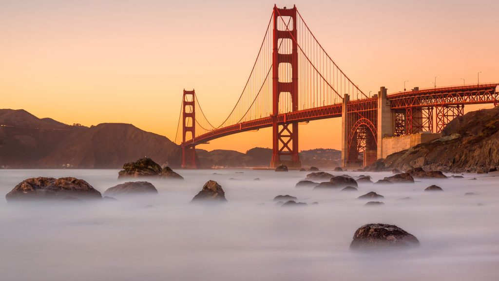 Marshall's Beach with Golden Gate Bridge at sunset, San Francisco, California, USA