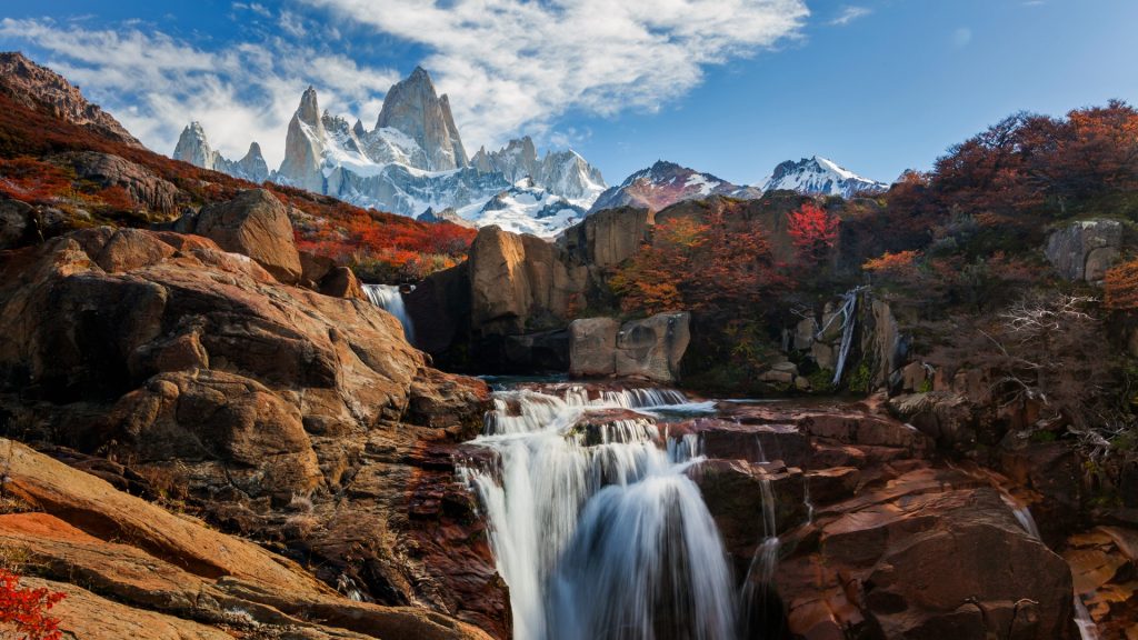 Beautiful view with waterfall and Fitz Roy mountain, Patagonia, Argentina