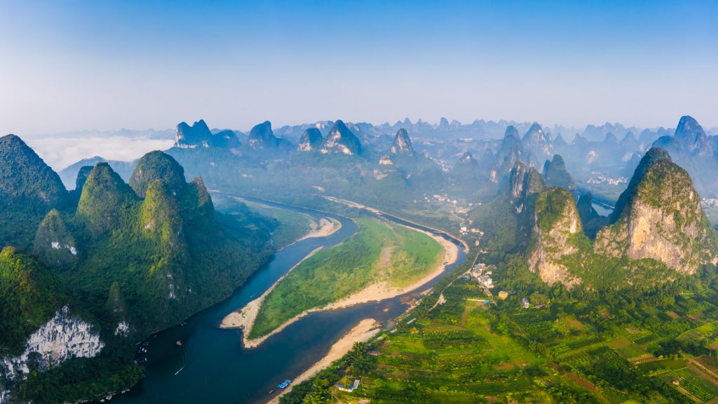 Aerial view of karst mountains on the Li River, Guilin, Guangxi, China