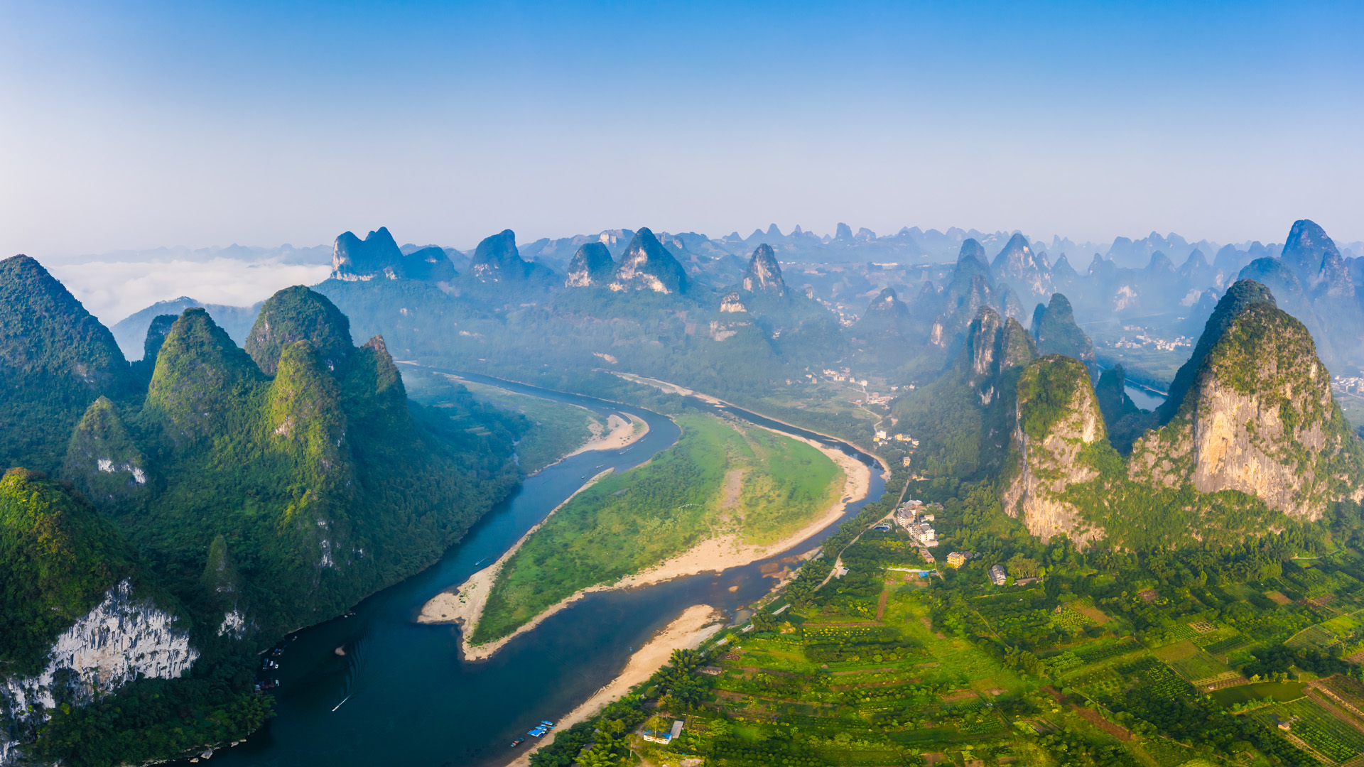 Aerial view of karst mountains on the Li River, Guilin, Guangxi, China ...