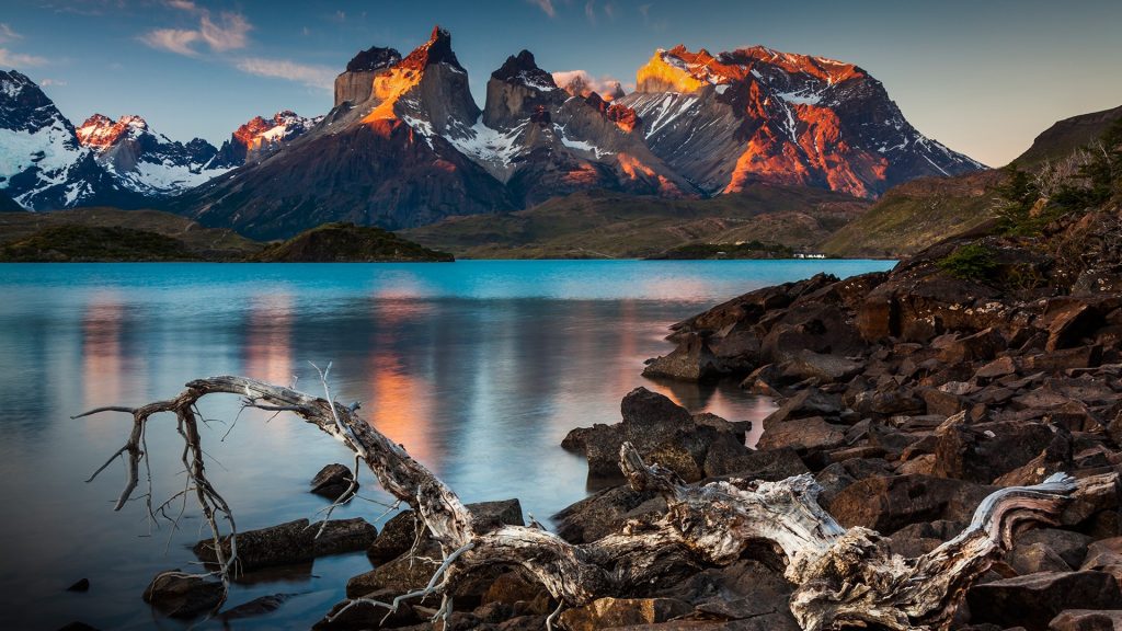 Lake Lago Pehoe and Cuernos del Paine, sunset in Torres del Paine National Park, Chile