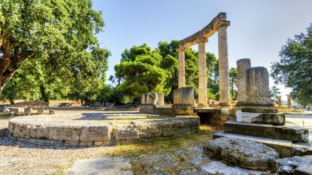 Ruins of the ancient site of Olympia, the Philippeion in the Altis of Olympia, Greece