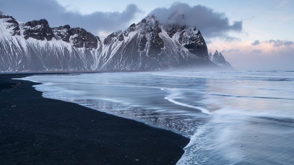 Black sand beach at Stokknes in front of the Vestrahorn mountain range, Iceland