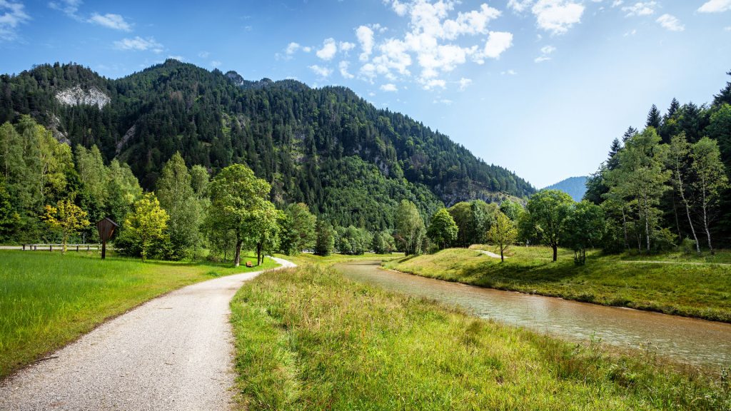 Dirt road along a river, summer landscape, Bavaria, Germany