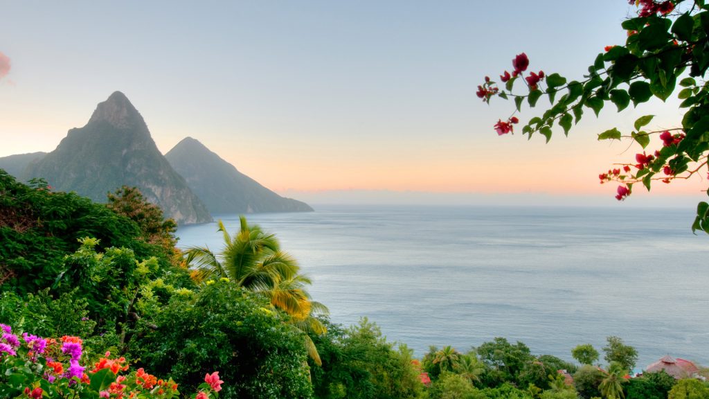 Panoramic view of Saint Lucia's Twin Pitons at sunrise