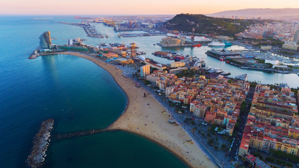 Barceloneta beach and Port Olimpic, aerial view of Barcelona, Spain