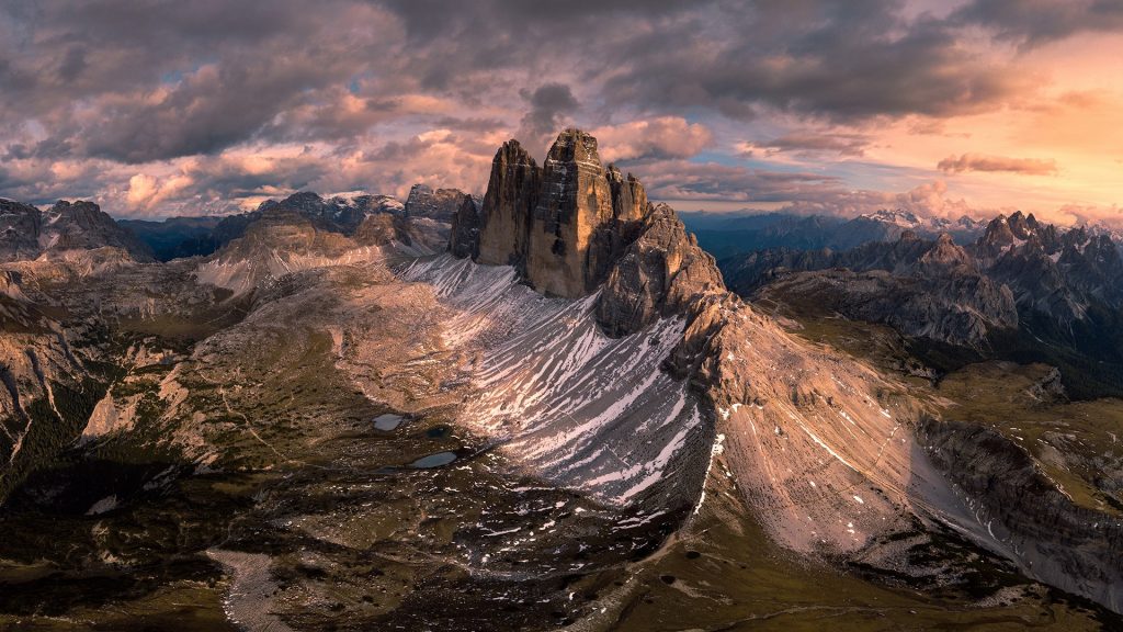 Tre Cime di Lavaredo or Drei Zinnen mountain range in Sexten Dolomites mountains, Italy