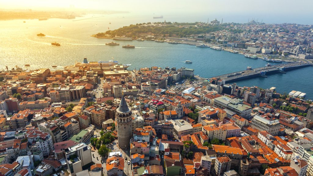 Istanbul view with Galata tower from helicopter, Turkey