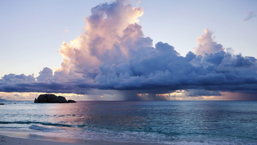 Storm clouds at sunset over the ocean, Seychelles, Africa