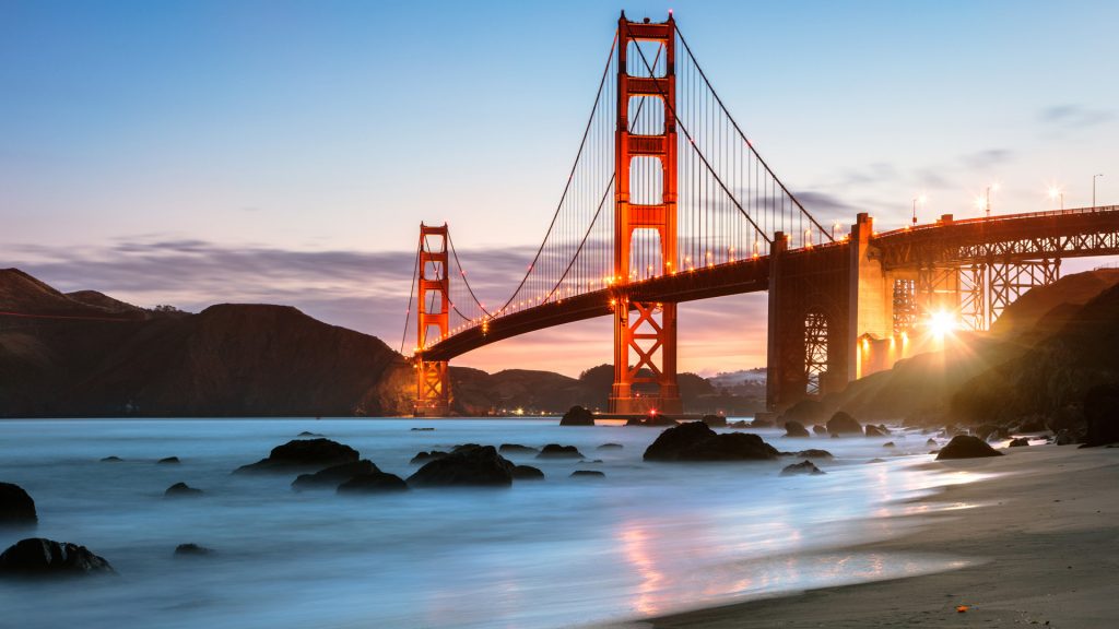 Dawn at the Golden Gate Bridge from Baker beach, San Francisco, California, USA