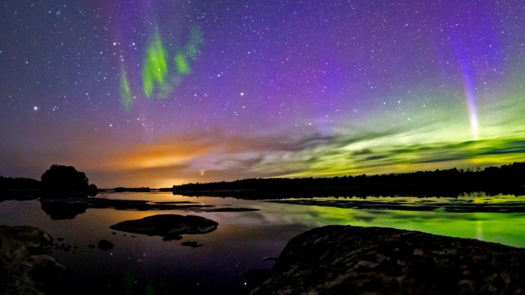 The Northern Lights over the skies of Voyageurs National Park in northern Minnesota, USA