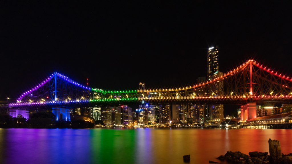 Story Bridge Brisbane light in rainbow for Pride, Queensland, Australia