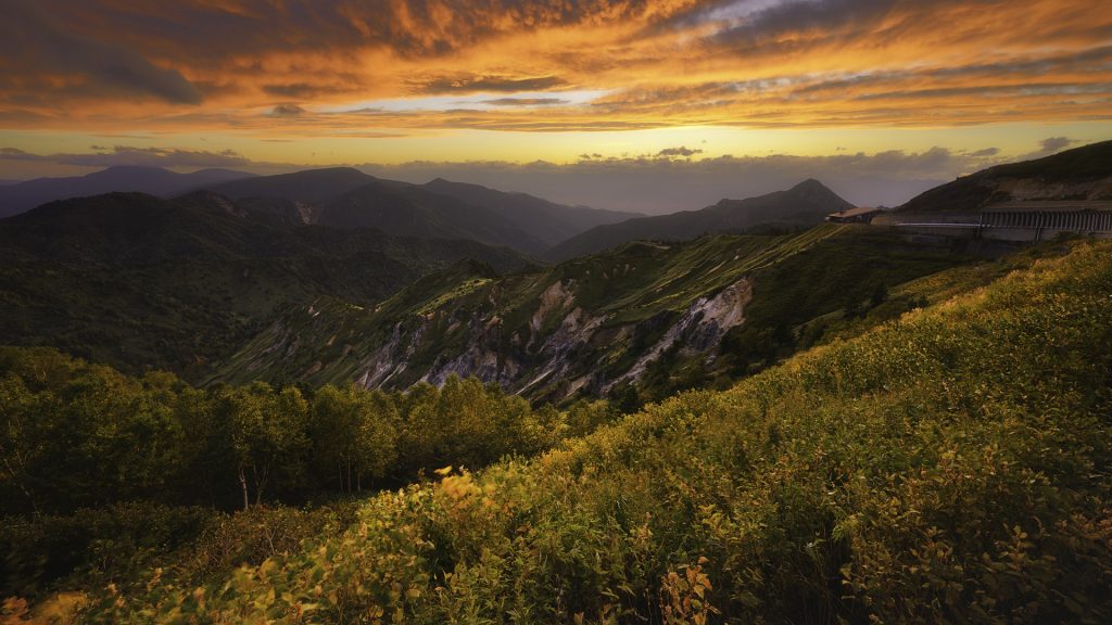 Mountain view of Shigakogen mountain with dramatic sky in sunset in Nagano prefecture, Japan