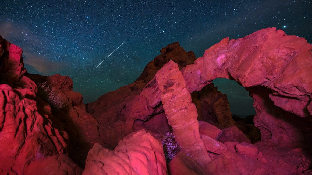 Rock formations against starry sky at night, Valley of Fire State Park, Overton, Nevada, USA