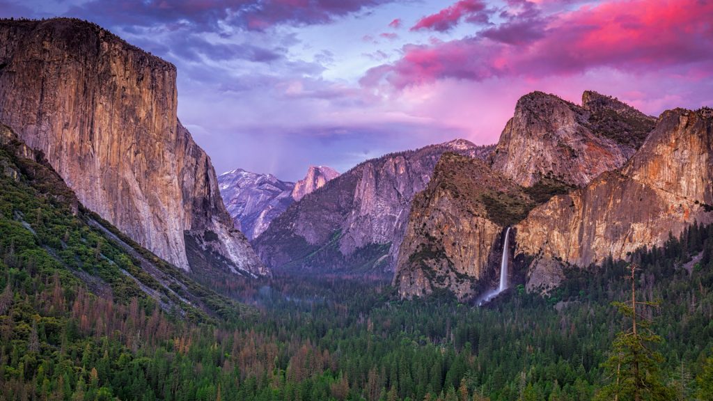 Dramatic clouds after sunset over Tunnel View in Yosemite National Park, California, USA