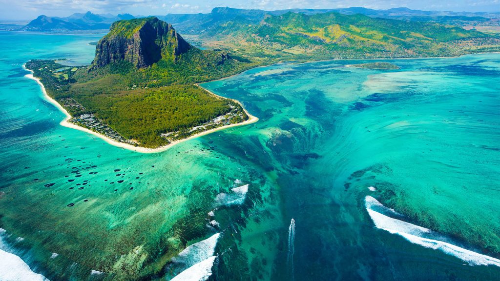 Aerial view of Mauritius island panorama and famous Le Morne Brabant mountain